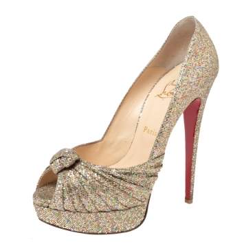 Pre Owned Christian Louboutin Gold Glitter and Fabric Lady Gres Peep Toe Pumps Size 41