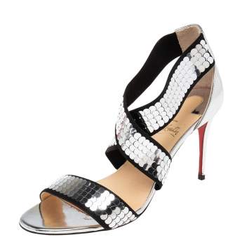 Pre Owned Christian Louboutin Black/Silver Sequins Fabric and Leather Xili Disco Sandals Size 38