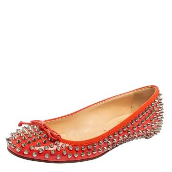 Pre Owned Christian Louboutin Coral Patent Leather Big Kiss Ballet Flats Size 38.5