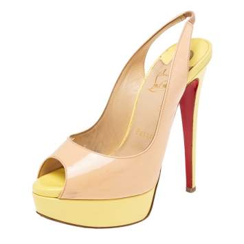 Pre Owned Christian Louboutin Beige/Yellow  Patent Leather Lady Peep  Slingback Platform Pumps Size 36