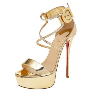 Pre Owned Christian Louboutin Metallic Gold Leather Choca Platform Ankle Strap Sandals Size 36.5