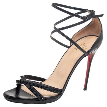 Pre Owned Christian Louboutin Black Leather Monocronana Ankle-Wrap Sandals Size 41