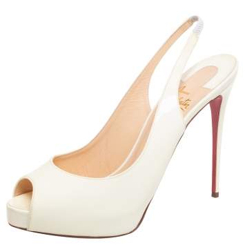 Pre Owned Christian Louboutin Cream Patent Leather Private Number Slingback Pumps Size 39.5