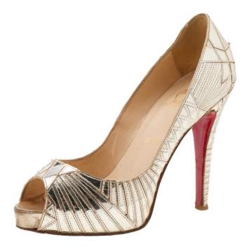 Pre Owned Christian Louboutin Gold Mirror Microfiber Very Galaxy Art Deco Peep Toe Pumps Size 37