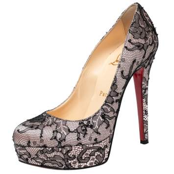 Pre Owned Christian Louboutin Black/Pink Lace and Satin Bianca Pumps Size 35.5