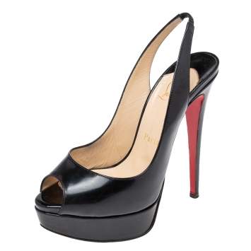 Pre Owned Christian Louboutin Black Patent Leather Lady Peep-Toe Slingback Pumps Size 37