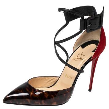 Pre Owned Christian Louboutin Tri-Color Suede, Printed Patent and Leather Ankle-Strap Pumps Size 40