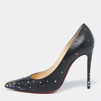 Pre Owned Christian Louboutin Black Leather Crystal Embellished Kate Pumps Size 39