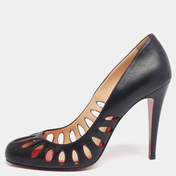 Pre Owned Christian Louboutin Black Leather Laser Cut Round-Toe Pumps Size 40