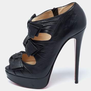 Pre Owned Christian Louboutin Black Leather Madame Butterfly Ankle Booties Size 38