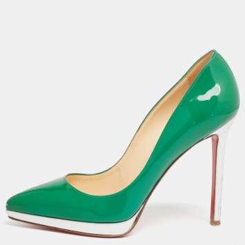 Pre Owned Christian Louboutin Green/Silver Patent Leather Pigalle Plato Pumps Size 38