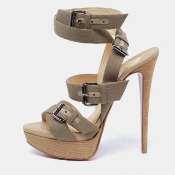 Pre Owned Christian Louboutin Taupe Fabric Toutenkaboucle Strappy Platform Sandals Size 38