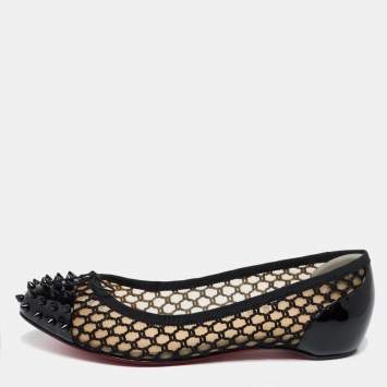 Pre Owned Christian Louboutin Black Embroidered Mesh and Spiked Patent Leather Ballet Flats Size 38