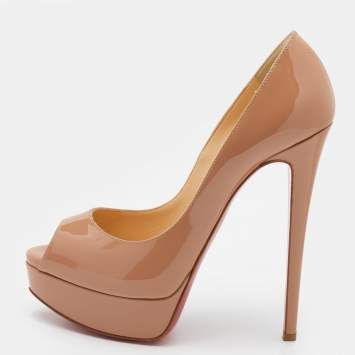 Pre Owned Christian Louboutin Beige Patent Leather Lady Peep Toe Platform Pumps Size 37