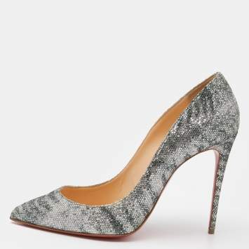 Pre Owned Christian Louboutin Silver Printed Glitter Pigalle Follies Pointed Toe Pumps Size 38.5