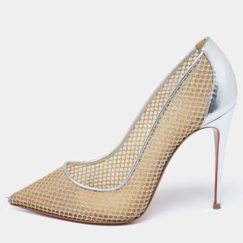 Pre Owned Christian Louboutin Gold/Silver Fish Net and Leather Follies Resille Pumps Size 37.5