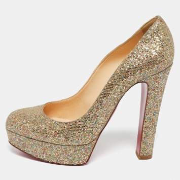 Pre Owned Christian Louboutin Gold Glitter Bibi Platform Pumps Size 37.5