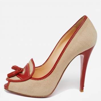Pre Owned Christian Louboutin Beige/Red Canvas and Leather Tassel Campus Loafer Pumps Size 37