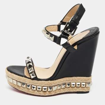 Pre Owned Christian Louboutin Black Studded Leather Cataclou Espadrille Wedge Sandals Size 37
