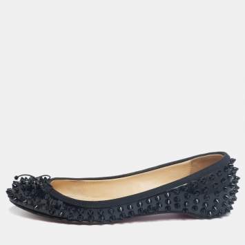 Pre Owned Christian Louboutin Black Patent Leather Sonietta Spikes Bow Ballet Flats Size 36.5
