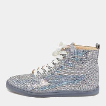 Pre Owned Christian Louboutin Silver Glitter Disco Ball Rantus Orlato High Top Sneakers Size 38.5