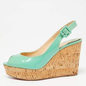 Pre Owned Christian Louboutin Green Patent Leather Peep Toe Wedge Sandals Size 36