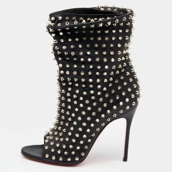 Pre Owned Christian Louboutin Black Leather Spiked Guerilla Peep Toe Slouchy Ankle Boots Size 37.5