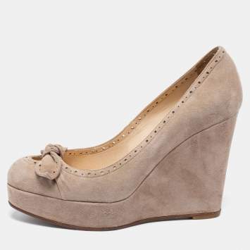 Pre Owned Christian Louboutin Beige Suede Bow Wedge Platform Pumps Size 38.5