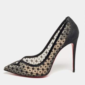 Pre Owned Christian Louboutin Black Lace and Mesh Neoalto Pointed-Toe Pumps Size 41