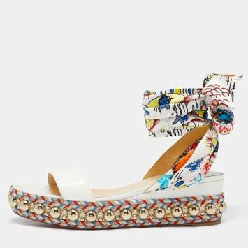 Pre Owned Christian Louboutin Multicolor Fabric And Patent Embellished Platform Sandals Size 39