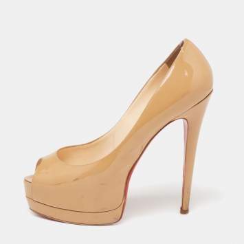 Pre Owned Christian Louboutin Beige Patent Leather New Prive Platform Pumps Size 38.5