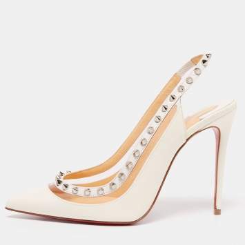 Pre Owned Christian Louboutin White Patent Leather and PVC Brigandine Spike Slingback Pumps Size 36