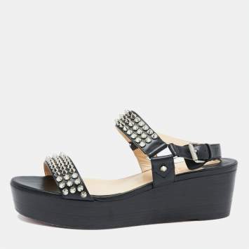 Pre Owned Christian Louboutin Black Leather Cordorella Spiked Wedge Leather Sandals Size 38.5