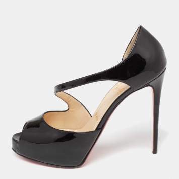 Pre Owned Christian Louboutin Black Patent Leather Catchy Two Peep-Toe Pumps Size 37