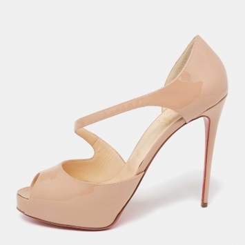 Pre Owned Christian Louboutin Beige Patent Leather Catchy Two Peep-Toe Pumps Size 40.5