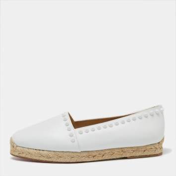 Pre Owned Christian Louboutin White Leather Spike Espadrille Flats Size 36