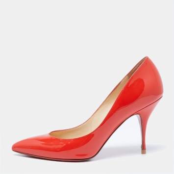 Pre Owned Christian Louboutin Orange Patent Leather Piou Piou Pumps Size 38