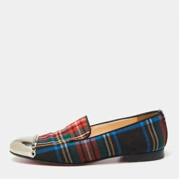 Pre Owned Christian Louboutin Multicolor Fabric Rollergirl Chain-Link Smoking Slippers Size 38.5