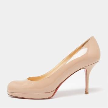 Pre Owned Christian Louboutin Beige Patent Leather New Simple Platform Pumps Size 37.5