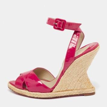 Pre Owned Christian Louboutin Dark Pink Patent Leather Almeria Espadrille Wedge Sandals Size 38