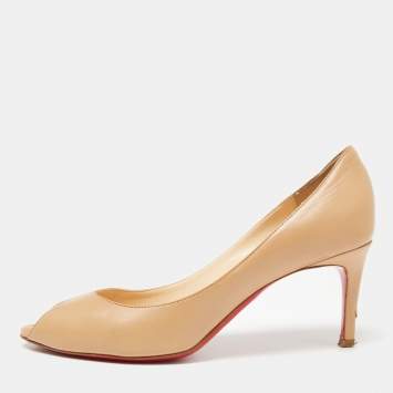 Pre Owned Christian Louboutin Beige Leather Peep-Toe Pumps Size 36.5
