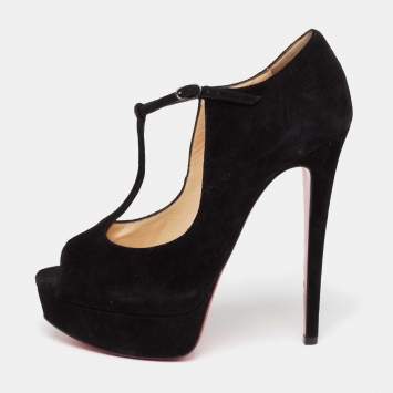Pre Owned Christian Louboutin Black Suede Alta Poppins T-Strap Pumps Size 37.5