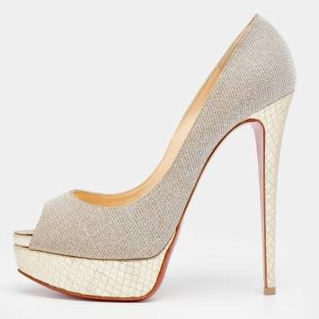 Pre Owned Christian Louboutin Metallic Gold Lamé Fabric Lady Peep Toe Platform Pumps Size 40