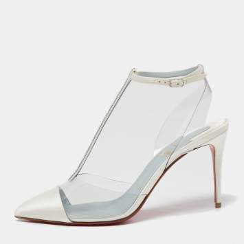 Pre Owned Christian Louboutin Ivory Satin and PVC Nosy T-Strap Pumps Size 37