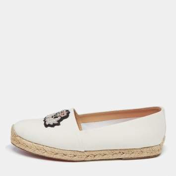 Pre Owned Christian Louboutin White Canvas Gala Embroidered Espadrille Flats Size 38