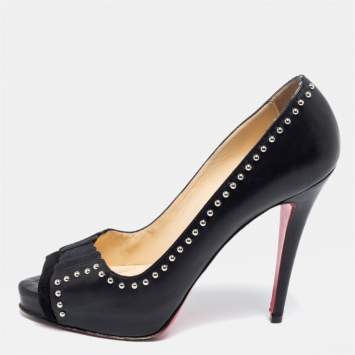 Pre Owned Christian Louboutin Black Leather Studded  Peep Toe Pumps Size 38.5