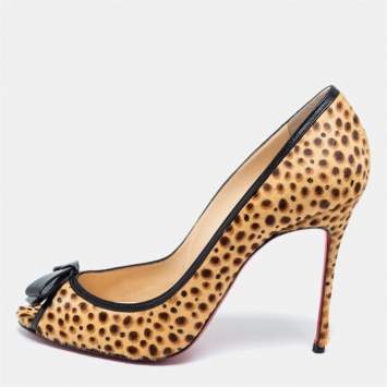 Pre Owned Christian Louboutin Beige/Brown Calf Hair Milady Peep-Toe Pumps Size 39