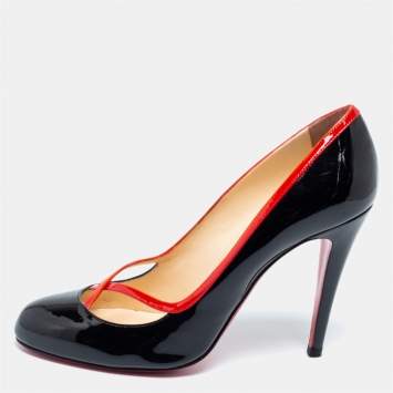 Pre Owned Christian Louboutin Black/Red Patent Leather Cross Ronda Pumps Size 39.5