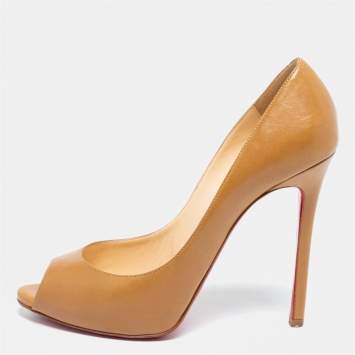 Pre Owned Christian Louboutin Tan Leather Flo Peep-Toe Pumps Size 39.5