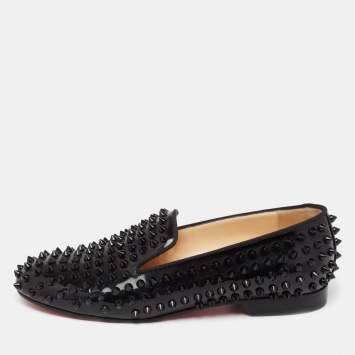 Pre Owned Christian Louboutin Black Patent Leather Dandelion Spikes Smoking Slippers Size 37